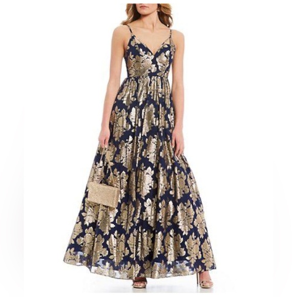 DEAR MOON Metallic Maxi Brocade Prom Fit + Flare Dress Gown 0 Navy Gold - Picture 1 of 3